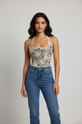 Floral-patterned halter crop corset.