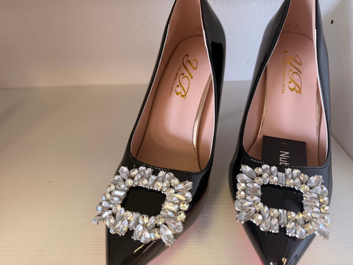 Women Fashion Elegant Rhinestone Square Buckle Pointed-Toe Red Bottom High Heels Shoes