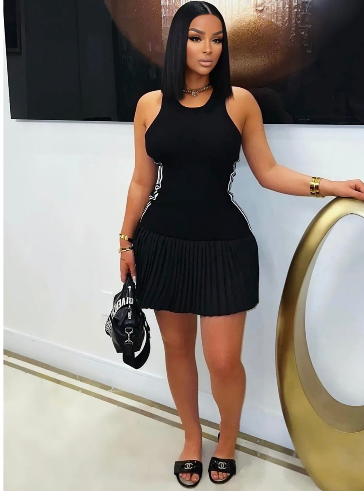 pleated skirt and white side stripes, mini dress