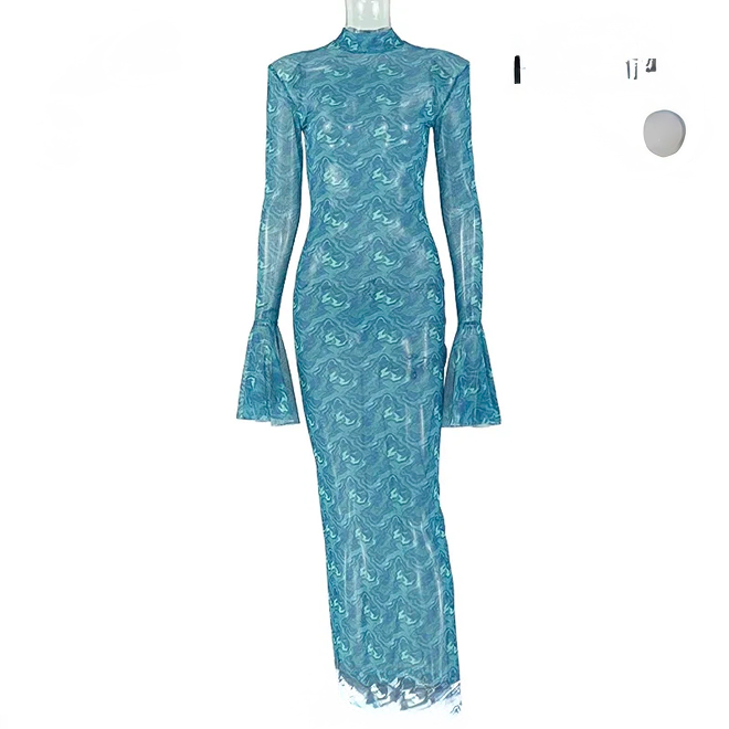 Women Fashion Sexy Elegant Printed Long-Sleeve Horn Cuff Slim - Fit Dress