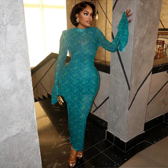 Women Fashion Sexy Elegant Printed Long-Sleeve Horn Cuff Slim - Fit Dress