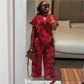 Women Fashion Casual Printed Short-Sleeve Drawstring T -Shirt Tight Waist Wide-Leg Pants Two-Piece Set