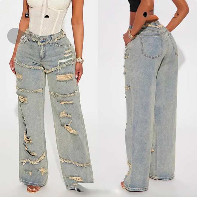 Women Casual Ripped Wide-Leg Denim Jeans