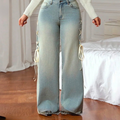 Women Casual Side Lace-Up Wide Leg Straight Jeans