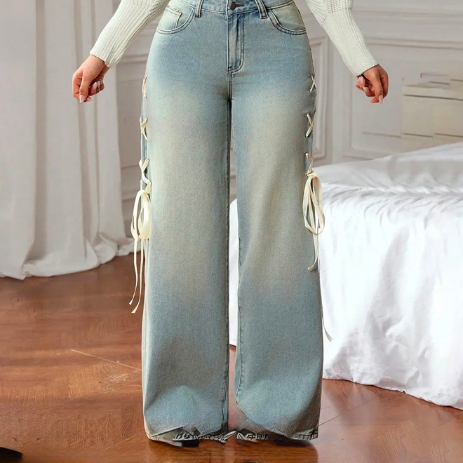 Women Casual Side Lace-Up Wide Leg Straight Jeans