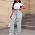Women Fashion Casual Mid-Waist Stretch Ripped Wide Leg Jeans