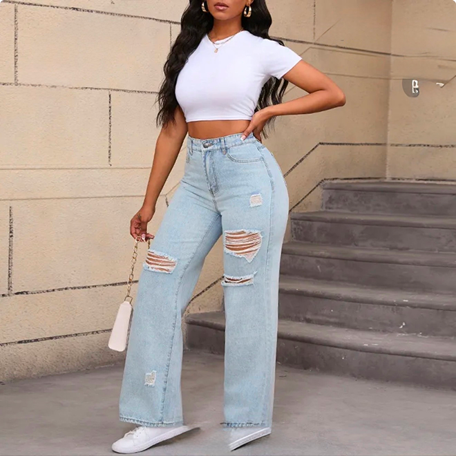 Women Fashion Casual Mid-Waist Stretch Ripped Wide Leg Jeans
